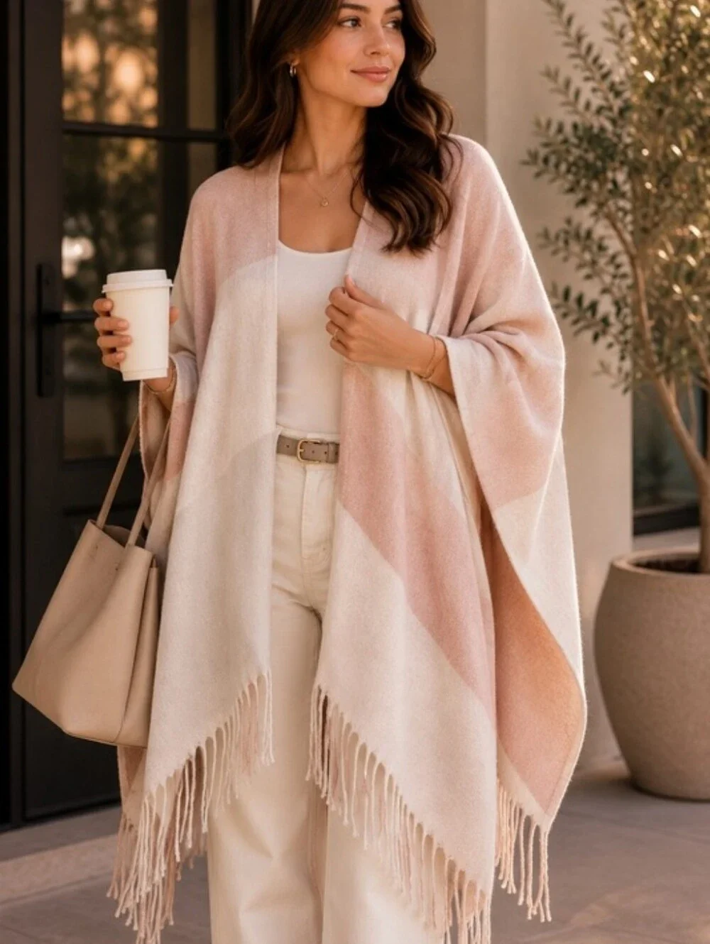 Soia & Kyo Blush Cream Ivory Soft Woven Knit Wrap Fringe NWT One Size Fits Most